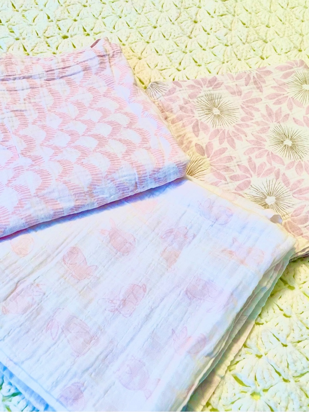 Pottery Barn Pink Floral/Bunny/Zigzag Lightweight Baby Swaddle or Muslin Blanket